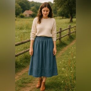 Marine Layer Bea Chambray Midi Skirt Smocked Waist Soft Flowy Cottagecore Small